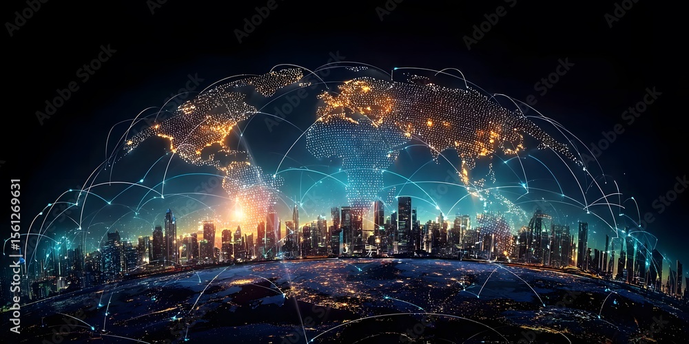 Poster earth with global network connections linking cities across continents, symbolizing connectivity and
