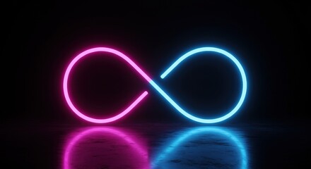A pink and blue neon infinity symbol glows on a dark reflective surface