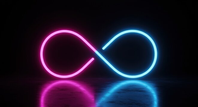 A pink and blue neon infinity symbol glows on a dark reflective surface