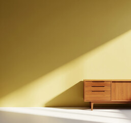 Minimalist interior with wooden sideboard and dramatic natural lighting