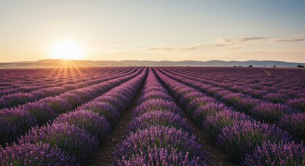 Fototapeta premium Scenic lavender field under the radiant sun at dawn provides a tranquil and visually captivating