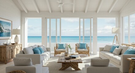Serene coastal living room design featuring panoramic ocean views and bright airy atmosphere