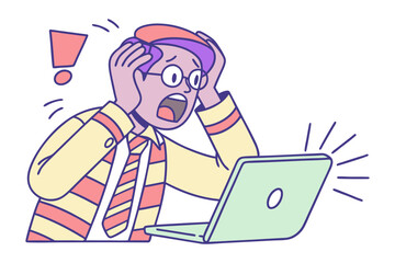 Shocked businessman panics over laptop screen with exclamation mark and stress lines indicating urgent problem