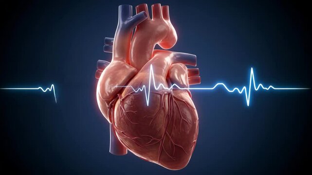 Anatomical model of human heart with heartbeat line on dark background  