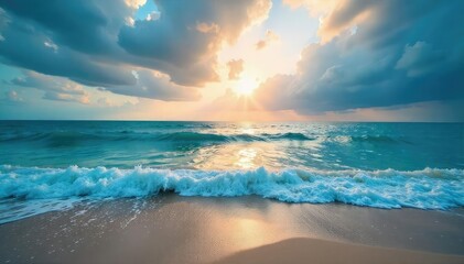 Obraz premium Panoramic Ocean View Serene Waves Caressing the Shore Under a Dramatic Sky