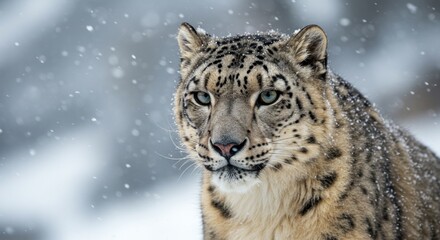 Obraz premium Snow leopard in snowy landscape: a majestic portrait amidst a winter wonderlandscape