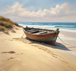 Fototapeta premium Illustration of demaged boat on ocean coastline.