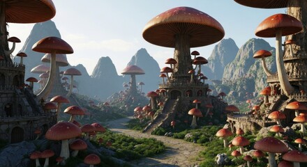 Enchanted mushroom village nestled in a misty mountain valley with surreal architecture