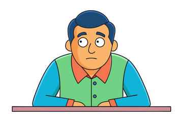 Cartoon man with blue hair and a worried expression sits at a table wearing a green vest over a blue shirt and orange collar