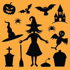 Halloween witch silhouette set illustration with Broom and Cat Halloween witch silhouette vector |Premium Vector
