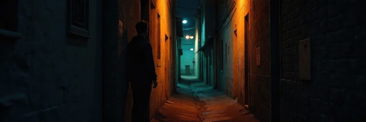 Fototapeta premium Shadowy Surveillance A Discreet Observer in a Dimly Lit Alleyway at Night