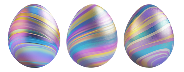 Decorative Easter egg with shimmering pastel stripes in gold, blue, and purple isolated on white transparent background. Symbol of Easter and celebration