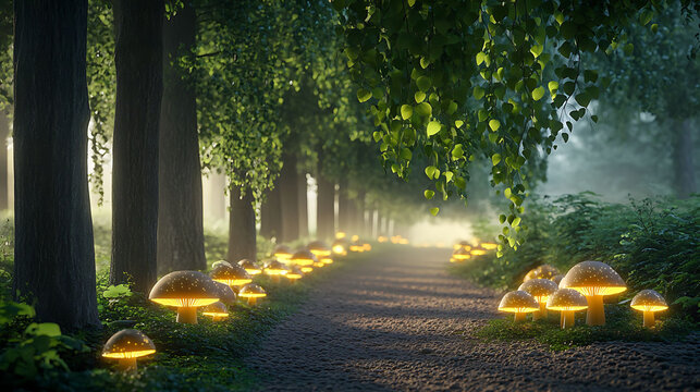 Whimsical forest path lined with glowing mushrooms, bright green vines hanging from tall trees, and gentle morning mist curling through the leaves