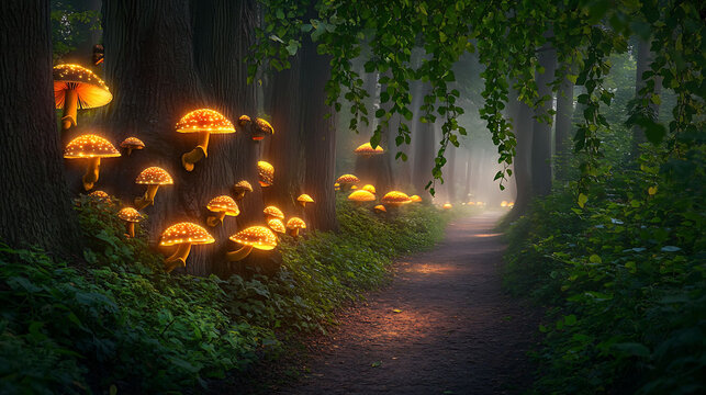 Whimsical forest path lined with glowing mushrooms, bright green vines hanging from tall trees, and gentle morning mist curling through the leaves