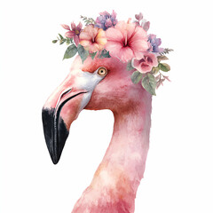 A flamingo with floral headdress: This exquisite illustration showcases a flamingo adorned with an elegant floral headdress, embodying grace and charm in a vibrant display of nature's beauty.