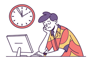 A bored and tired person sitting at a computer with a clock showing it is late feeling unmotivated