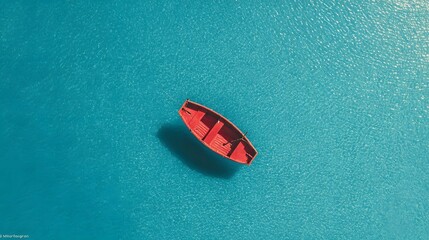 Aerial view of a red boat on crystal-clear turquoise water – minimalist travel concept
