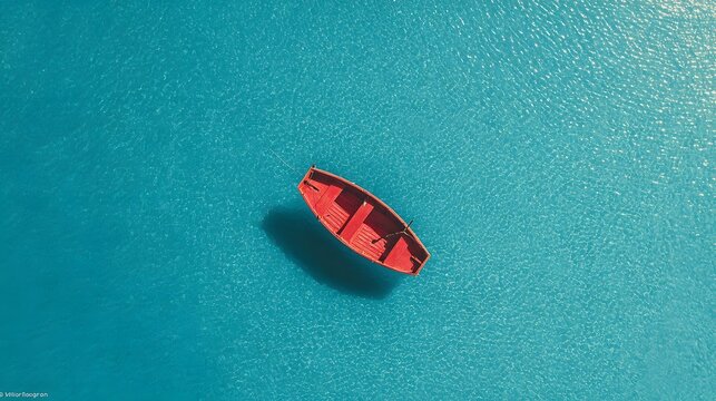 Aerial view of a red boat on crystal-clear turquoise water – minimalist travel concept