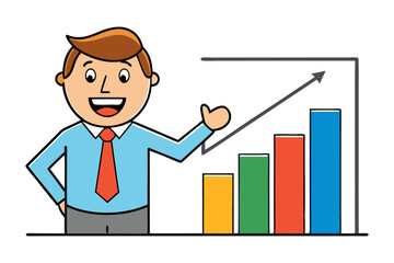 Animated businessman enthusiastically presents a positive upward trend on a colorful bar graph with a thumbs up gesture