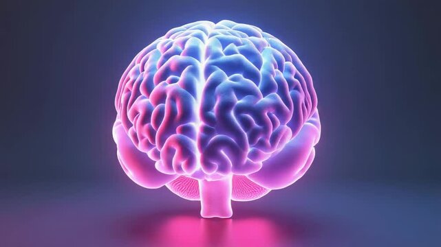Animation of a rotating 3D model of a human brain glowing with neon blue and pink light. For topics of artificial intelligence, neuroscience and high technology.