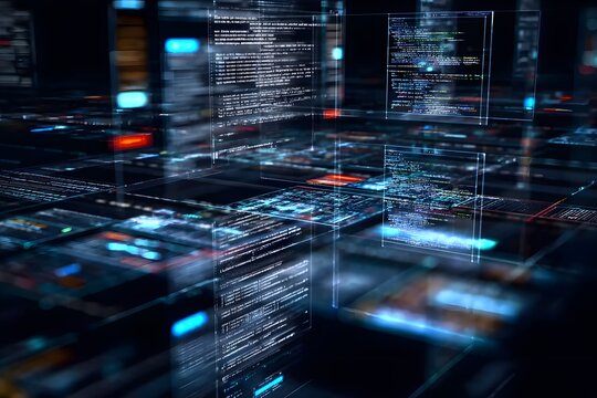 A dynamic digital background of computer code and data visualizations, representing the power to create complex analytics with AI technology.