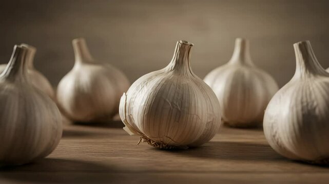Vintage garlic bulbs arranged on wooden surface in soft light  