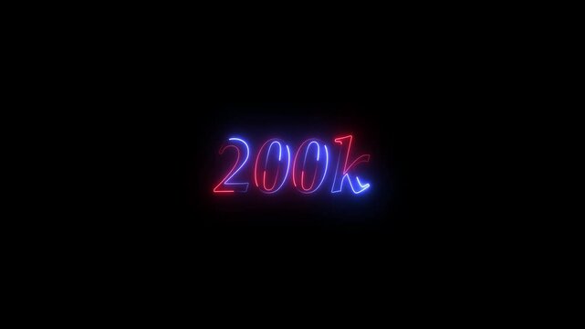 200k text animation by blue neon on black background.200k animation neon text effect video motion on transparent background.
