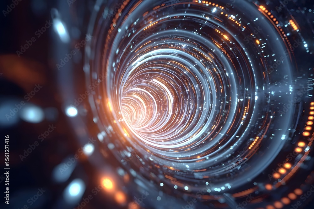 Poster abstract futuristic digital background with a glowing spiral tunnel, representing data transfer and 