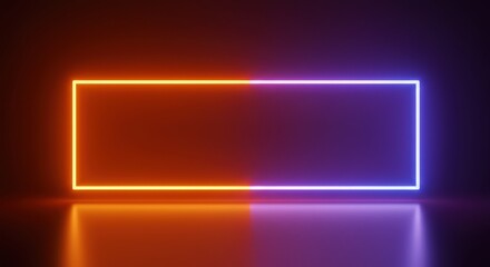 A dark studio features a rectangular frame with vibrant neon orange and blue lights