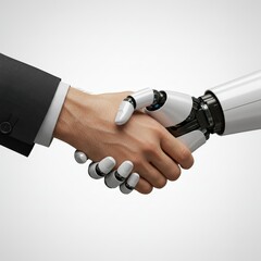 A human hand shaking a robotic hand, a symbol of collaboration