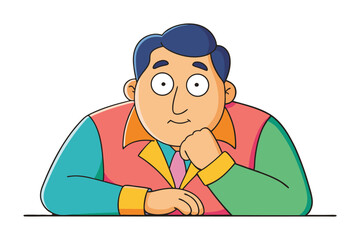 Cartoon man with blue hair and colorful clothing resting his chin on his hand with a thoughtful expression