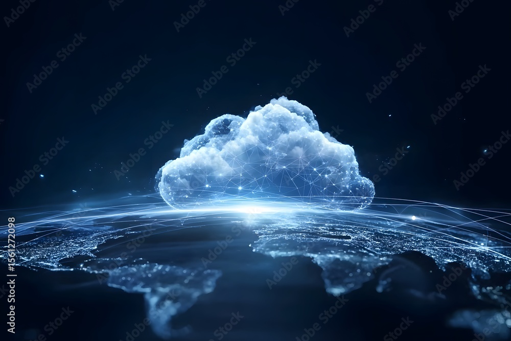 Poster a glowing cloud symbolizing the global network of digital clouds, connected to various illustrated c