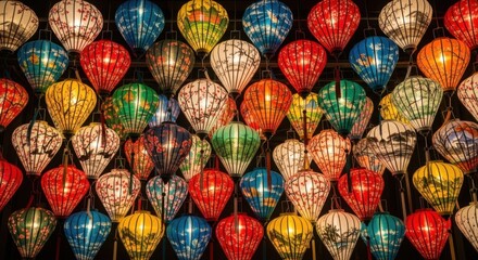 Vibrant Collection of Decorative Paper Lanterns Illuminating a Festive Night