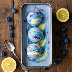 A blue and white swirled lemon blueberry ice cream in a metal loaf pan, surrounded by fresh lemons and blueberries on a rustic wooden table