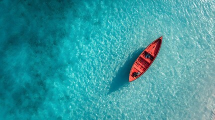 Aerial view of a red boat on crystal-clear turquoise water – minimalist travel concept