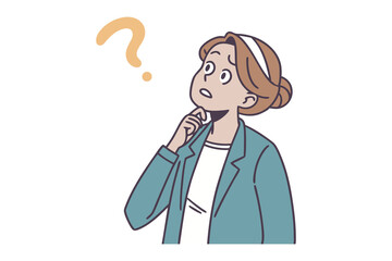 Woman pondering a question: A thoughtful young woman ponders a question, her hand on her chin, a question mark floating above her head. Her expression is one of contemplation and uncertainty.