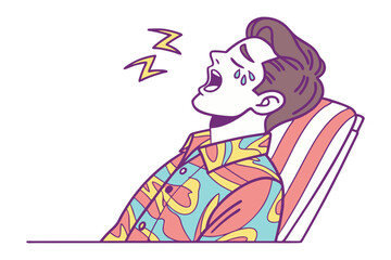 Man in hawaiian shirt crying tears of joy while sitting in a striped chair with sleep symbols above his head