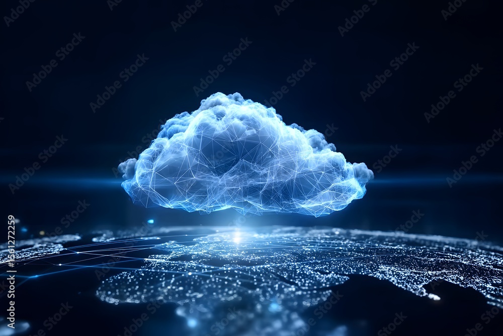 Aufkleber a glowing cloud symbolizing the global network of digital clouds, connected to various illustrated c