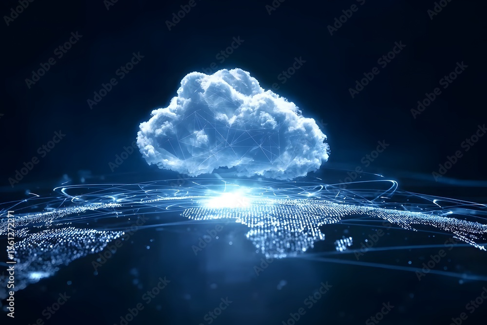 Poster a glowing cloud symbolizing the global network of digital clouds, connected to various illustrated c