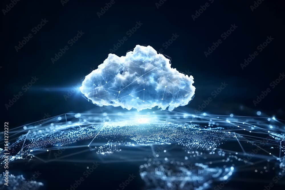 Aufkleber a glowing cloud symbolizing the global network of digital clouds, connected to various illustrated c