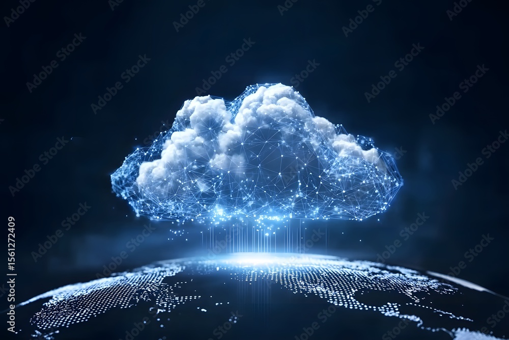 Poster a glowing cloud symbolizing the global network of digital clouds, connected to various illustrated c