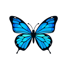 Blue Butterfly Logo, Elegant Flat Design With Thick Black Contours