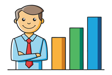 Smiling businessman with arms crossed in front of a colorful bar graph showing upward growth and positive trends