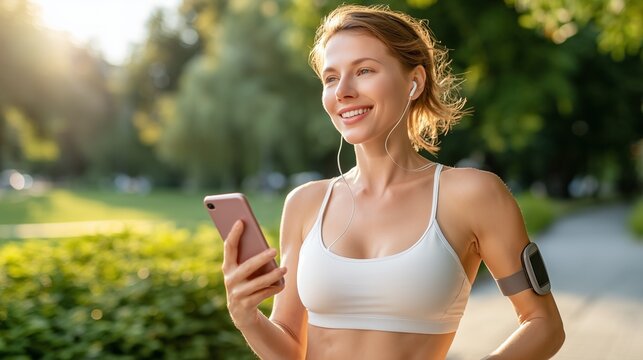 A confident woman in her 30s checks her health data on a smartphone during a run, a continuous glucose monitor visible on her arm.