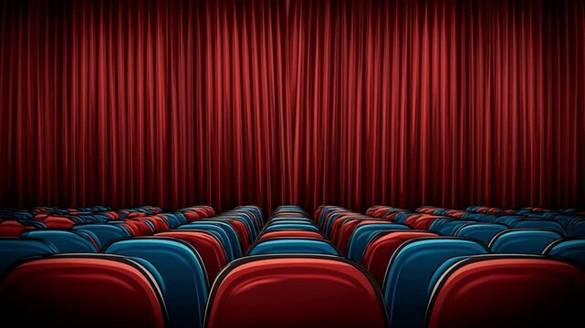 Interior of a vintage cinema with empty colorful seats and a large blank screen ready for a movie screening