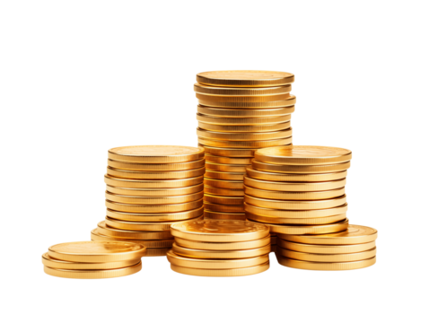 Stack of 3D coins isolated on transparent background.