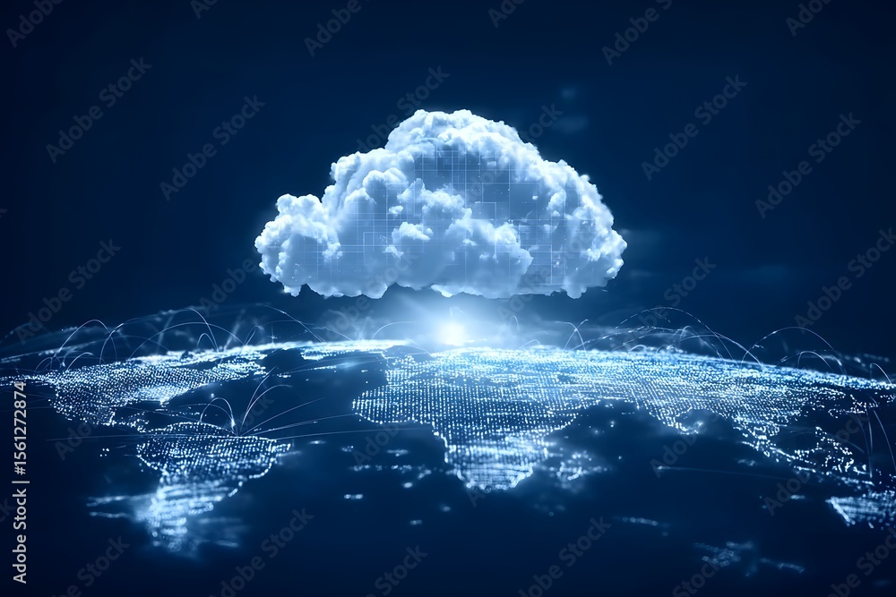 Poster a glowing cloud symbolizing the global network of digital clouds, connected to various illustrated c