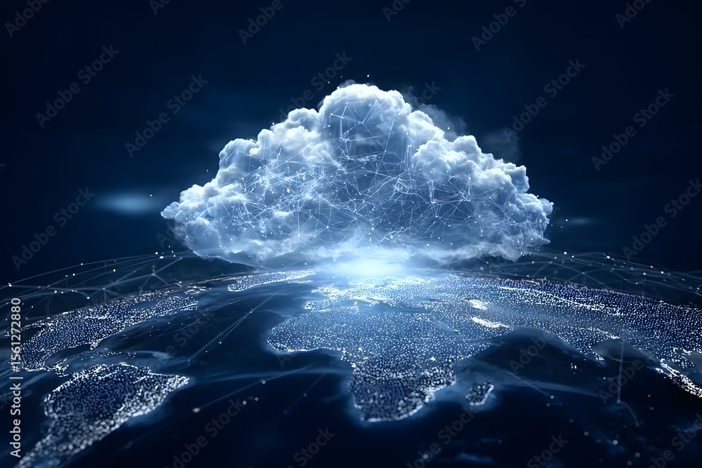 Poster a glowing cloud symbolizing the global network of digital clouds, connected to various illustrated c