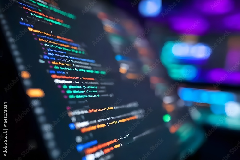 Poster close-up of an interactive screen displaying code in the foreground, with blurred-out digital market
