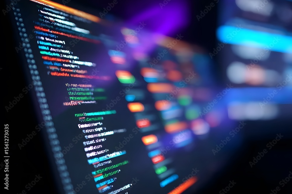 Poster close-up of an interactive screen displaying code in the foreground, with blurred-out digital market